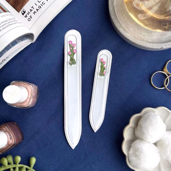 Cactus Flowers Glass Nail File 2 Piece Set | Hand-painted | Manicure and Travel Sizes
